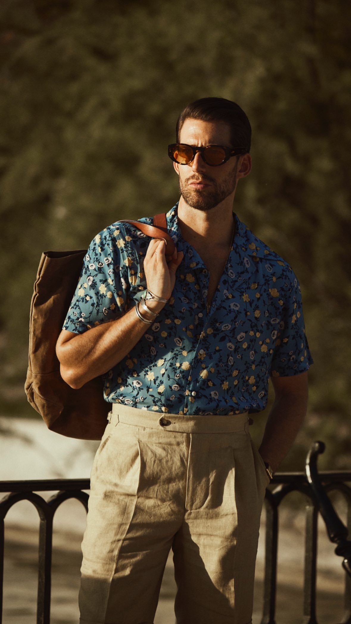 White and Yellow Flower on Light Blue Printed Shirt