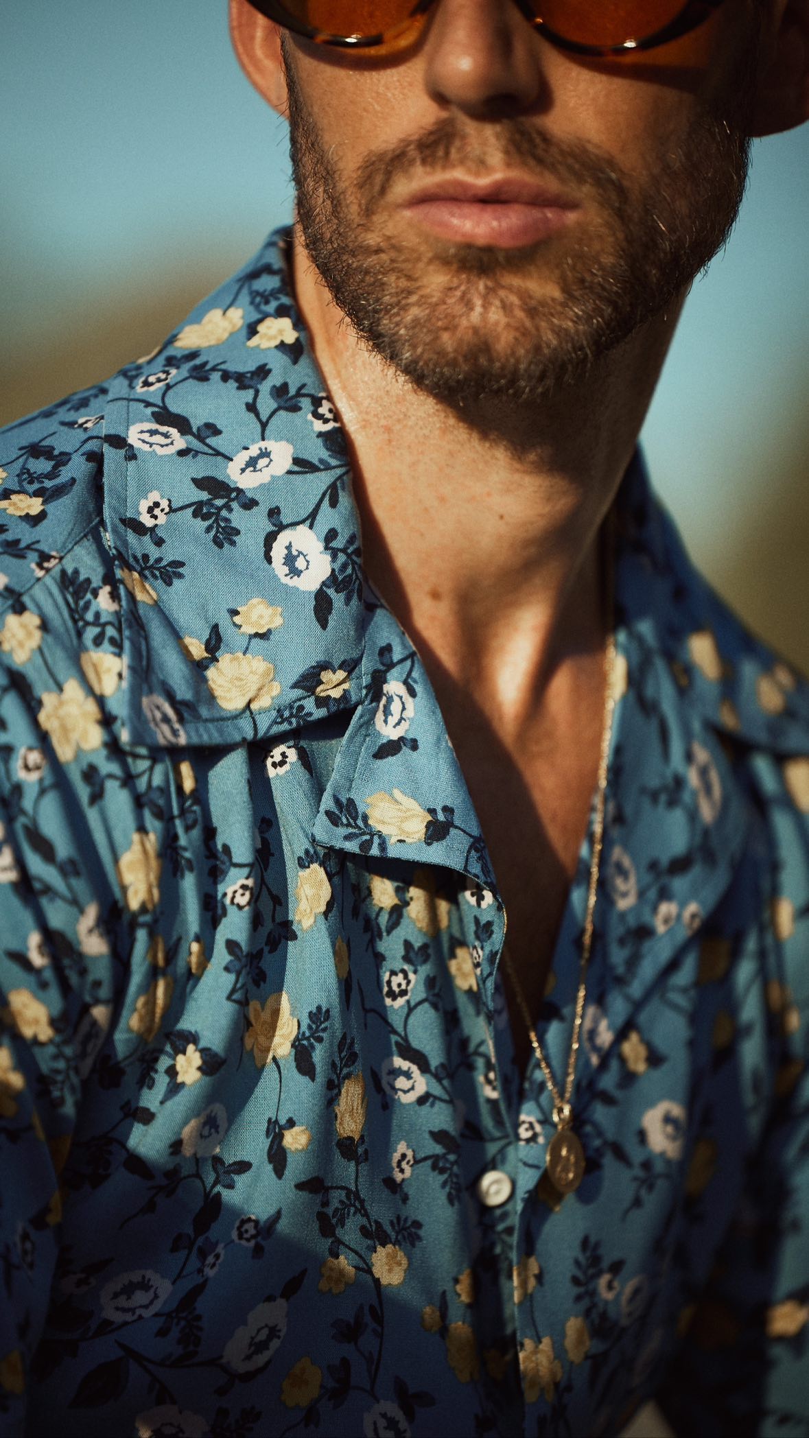 White and Yellow Flower on Light Blue Printed Shirt