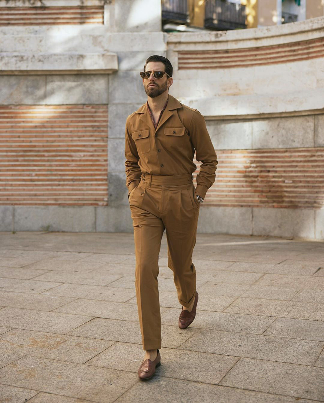 Pleated Copper Twill High Rise Double Tab Pant