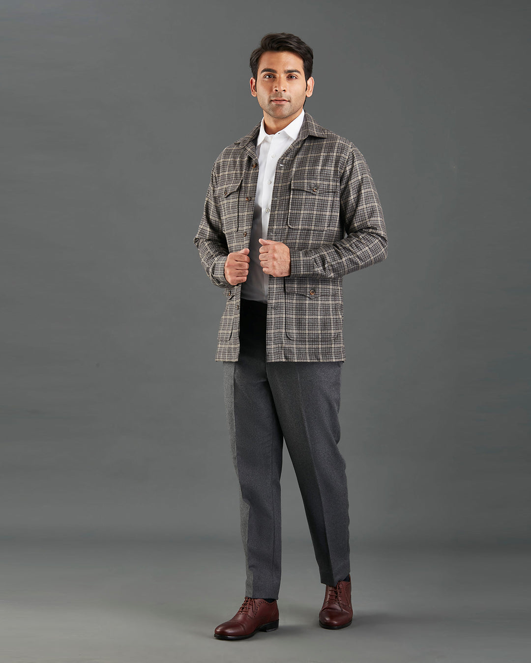Loro Piana Brown and Grey Overchecks Shirt Jacket
