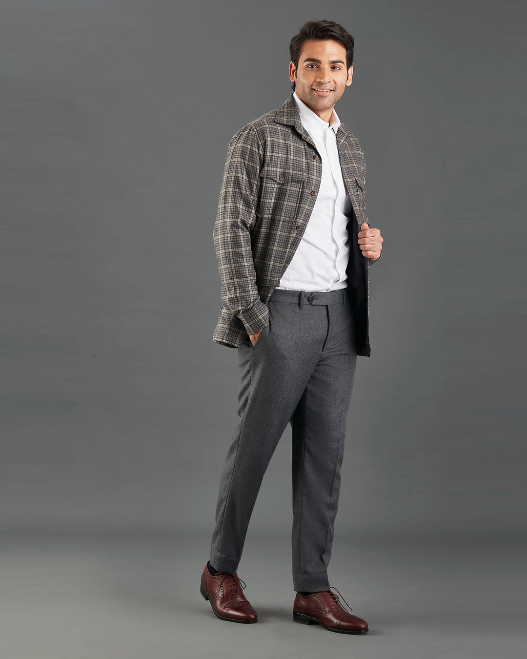 Loro Piana Brown and Grey Overchecks Shirt Jacket