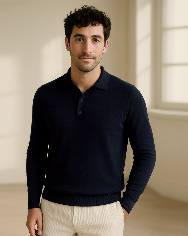 Marineblaues Langarm-Poloshirt aus Merinowolle von EZS