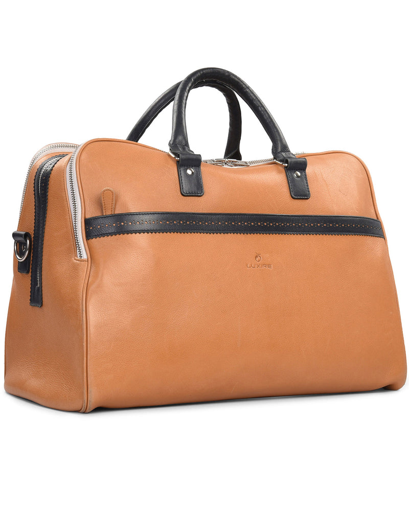 Grand sac de voyage en cuir de veau beige avec finitions bleu marine