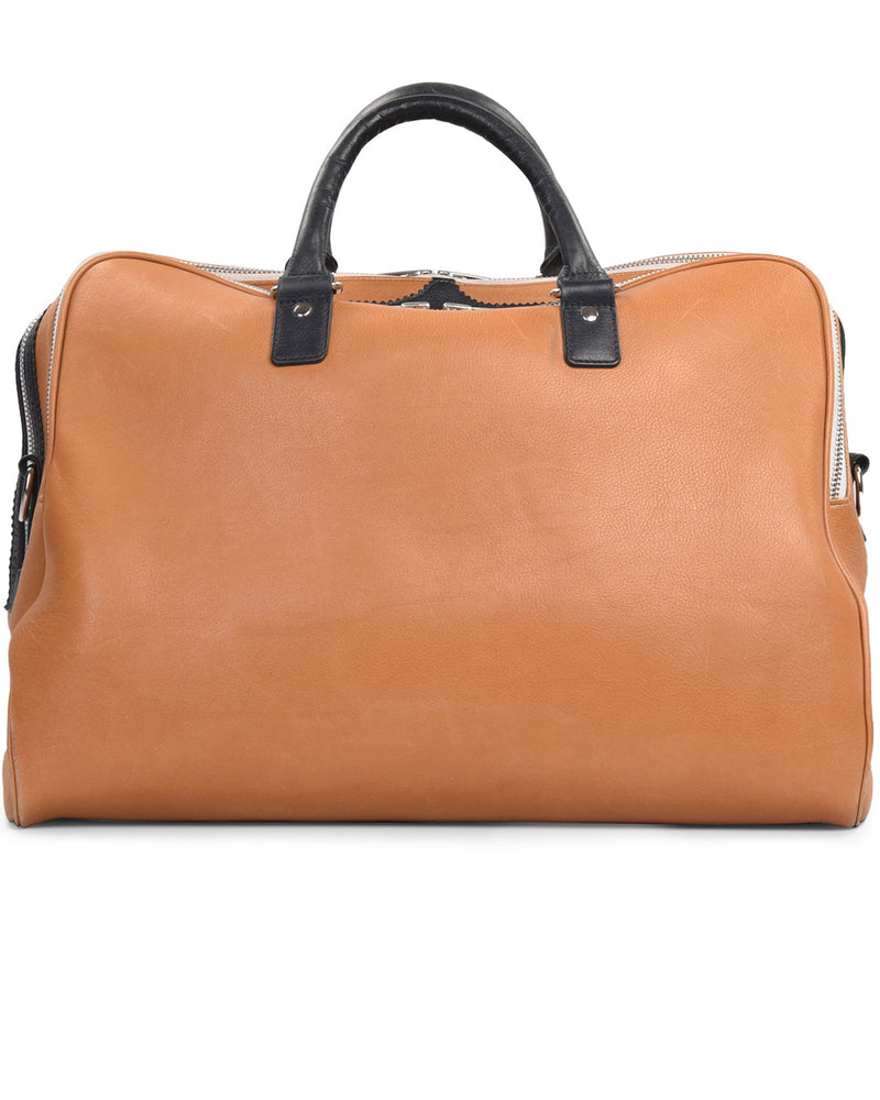 Grand sac de voyage en cuir de veau beige avec finitions bleu marine
