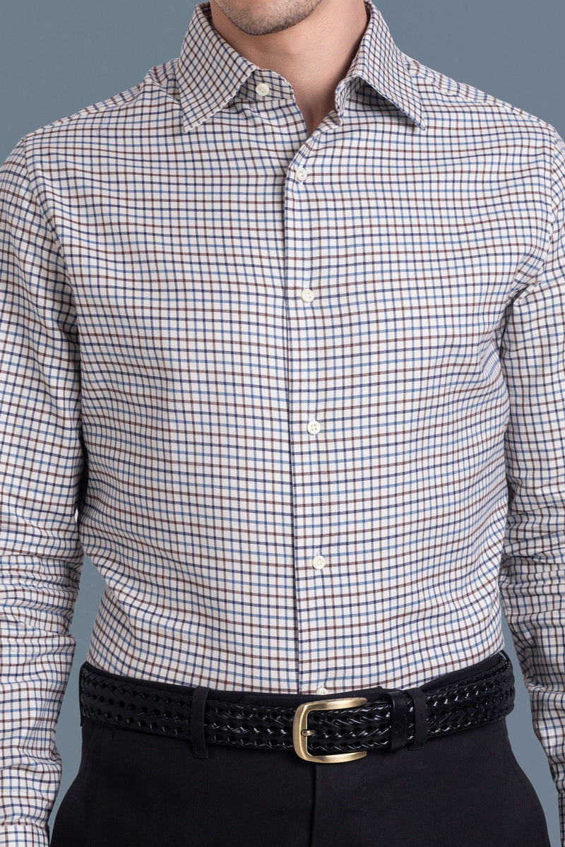 Flanelle en sergé à carreaux Tattersall marron et bleu