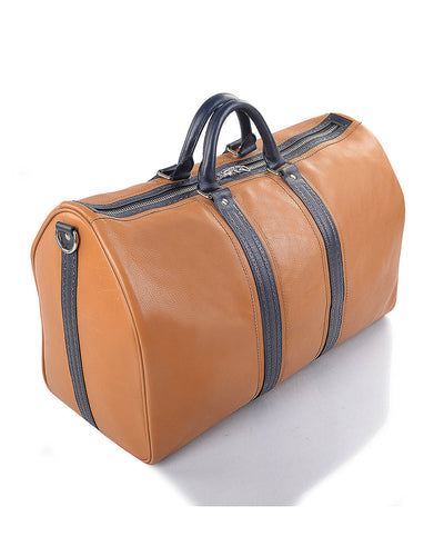 Reisetasche aus Leder in Tan mit marineblauem Besatz