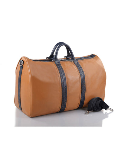 Reisetasche aus Leder in Tan mit marineblauem Besatz