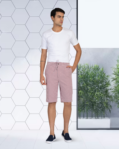 Short en seersucker à rayures Bengal rose rouge et blanches