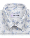 Linen: Pale Blue Printed shrubs On White