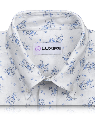 Linen: Pale Blue Printed shrubs On White