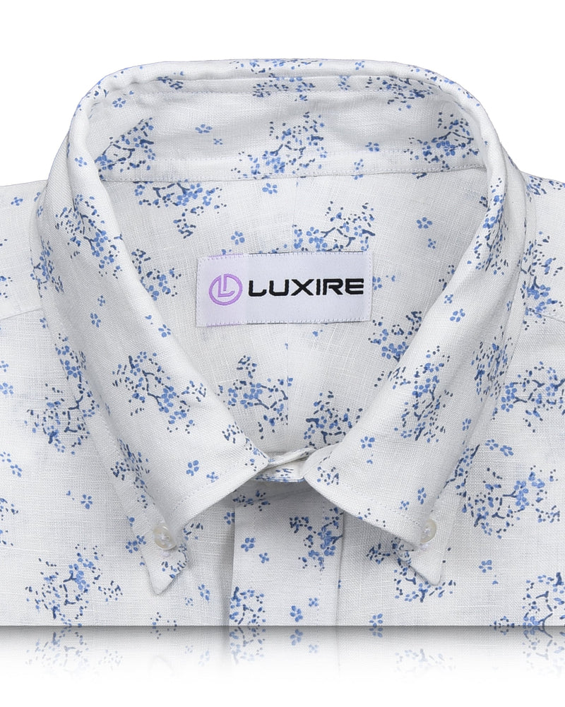 Linen: Pale Blue Printed shrubs On White