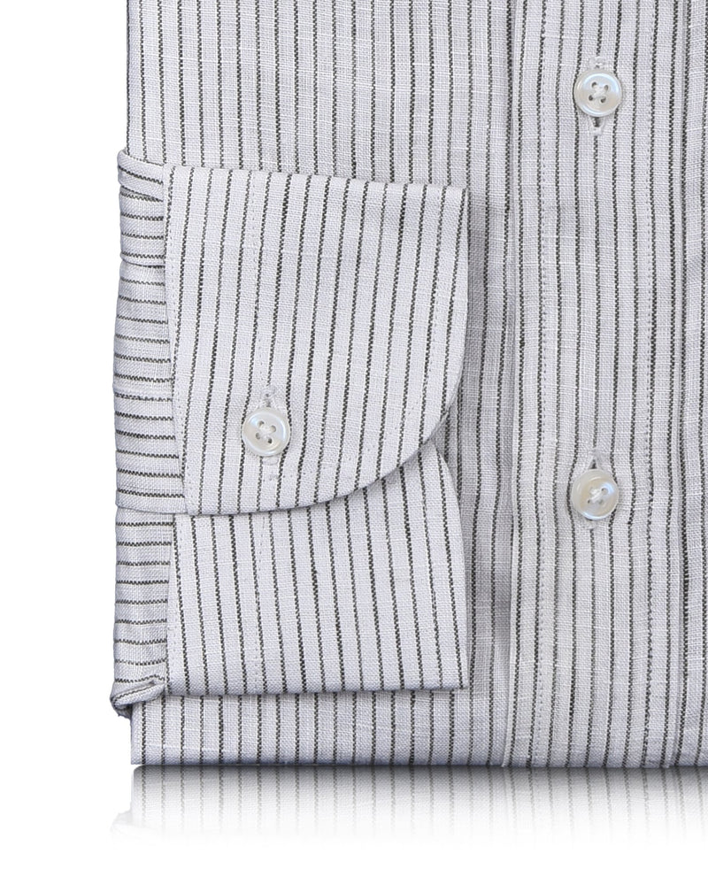 Linen: Olive Green Pin Stripes On White Shirt