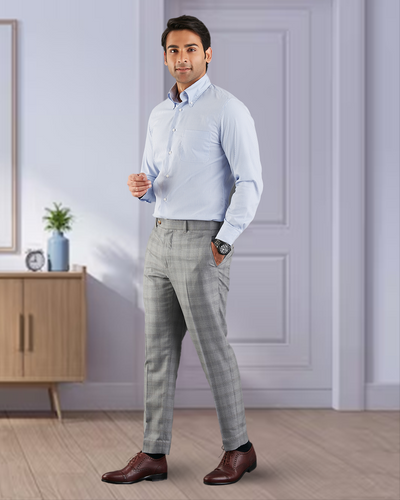 Pantalon Drago Super 160s gris clair à carreaux Prince de Galles