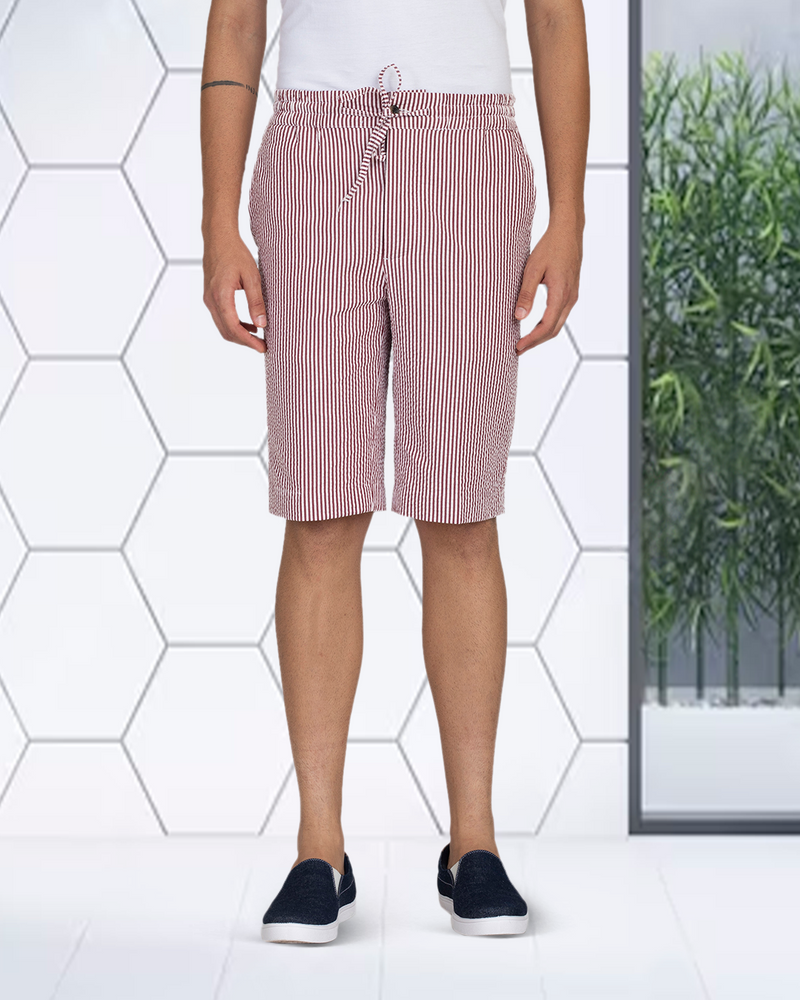 Short en seersucker à rayures Bengal rose rouge et blanches