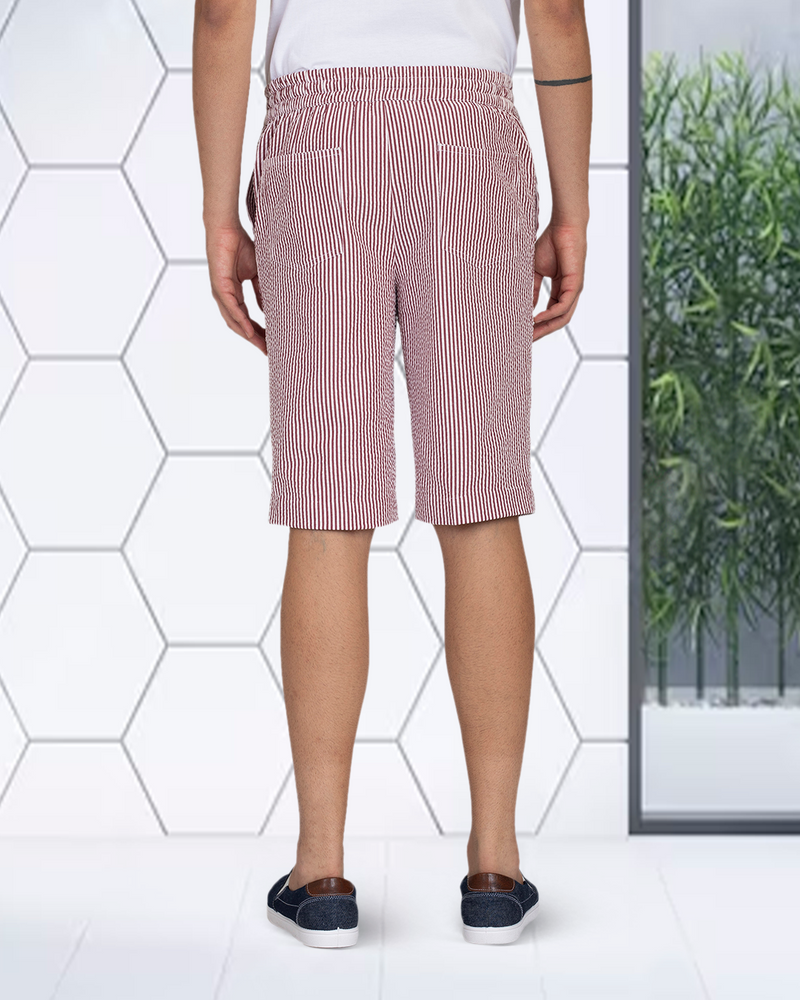 Short en seersucker à rayures Bengal rose rouge et blanches