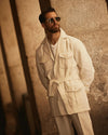 Veste safari blanc cassé en toile de lin et coton