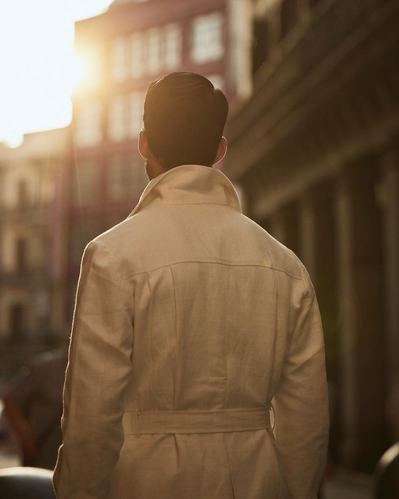 Veste safari blanc cassé en toile de lin et coton
