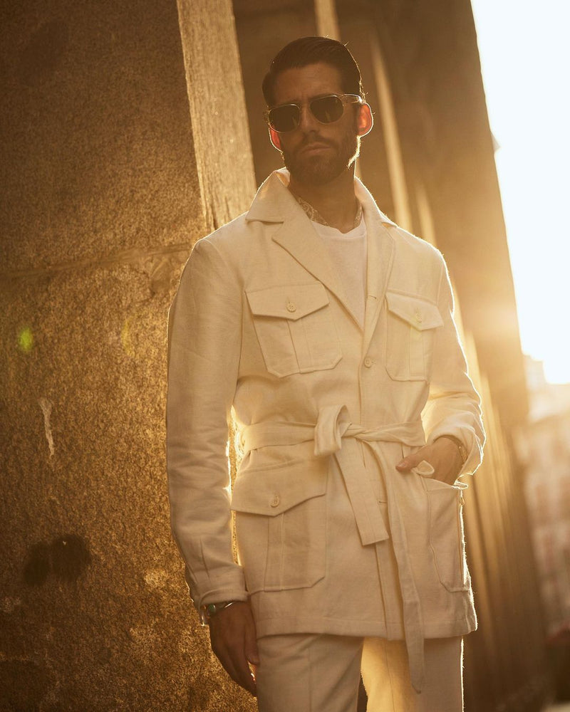 Veste safari blanc cassé en toile de lin et coton