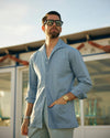 Plissierte, puderblaue Twill-Hose mit hohem Bund