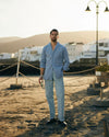 Plissierte, puderblaue Twill-Hose mit hohem Bund