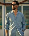 Plissierte, puderblaue Twill-Hose mit hohem Bund