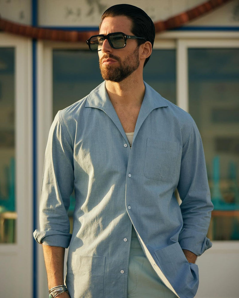 Plissierte, puderblaue Twill-Hose mit hohem Bund