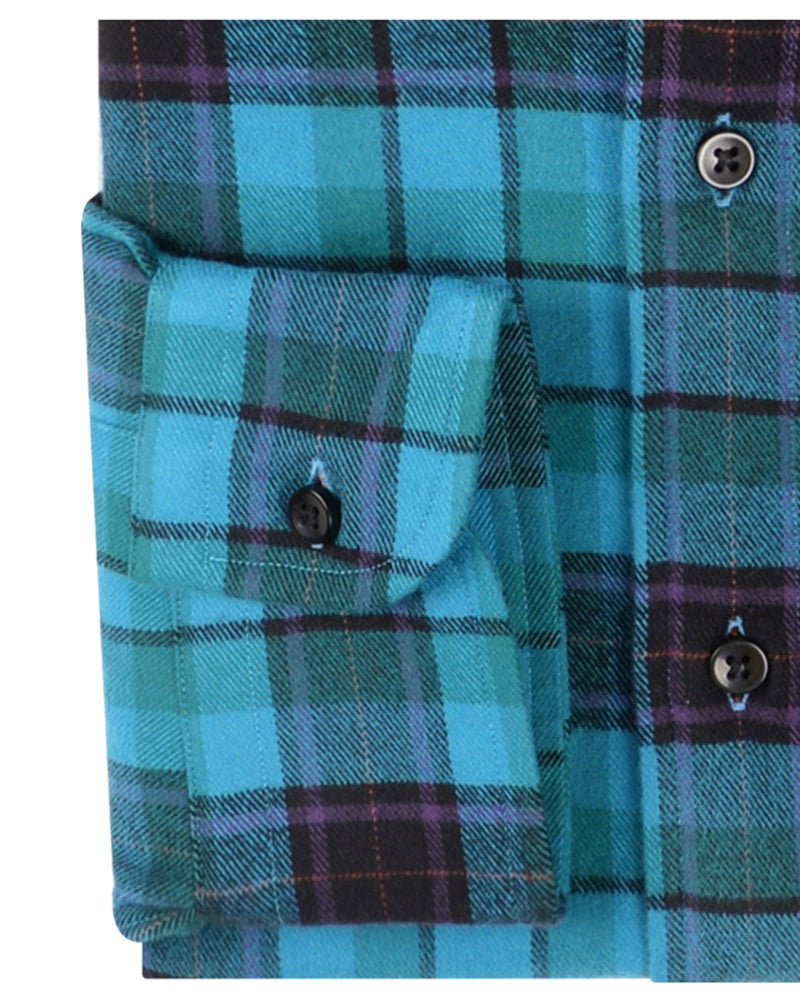 Tartan turquoise, noir et violet sur fond vert forêt