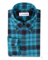 Tartan turquoise, noir et violet sur fond vert forêt