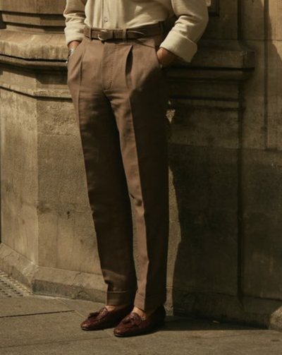 Pleated Brown Linen Cotton Canvas Pant