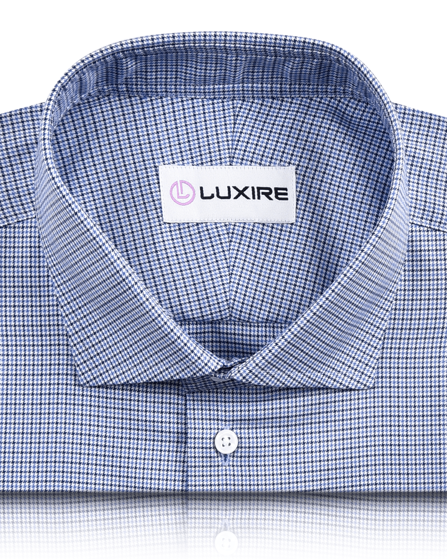 Front close view of custom check shirts for men by Luxire blue and white micro houndstooth