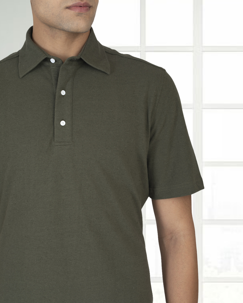 Olive Green Linen Cotton Polo T-Shirt