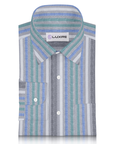 Linen: Green Blue White Tape Stripes On Grey Madras Shirt