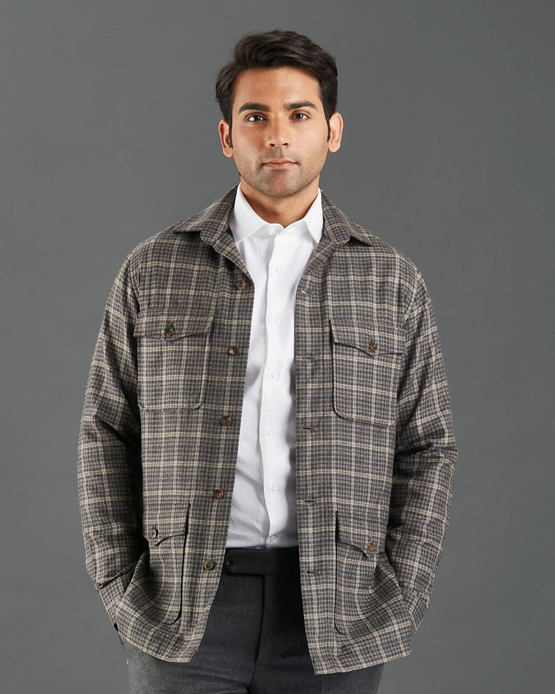 Loro Piana Brown and Grey Overchecks Shirt Jacket