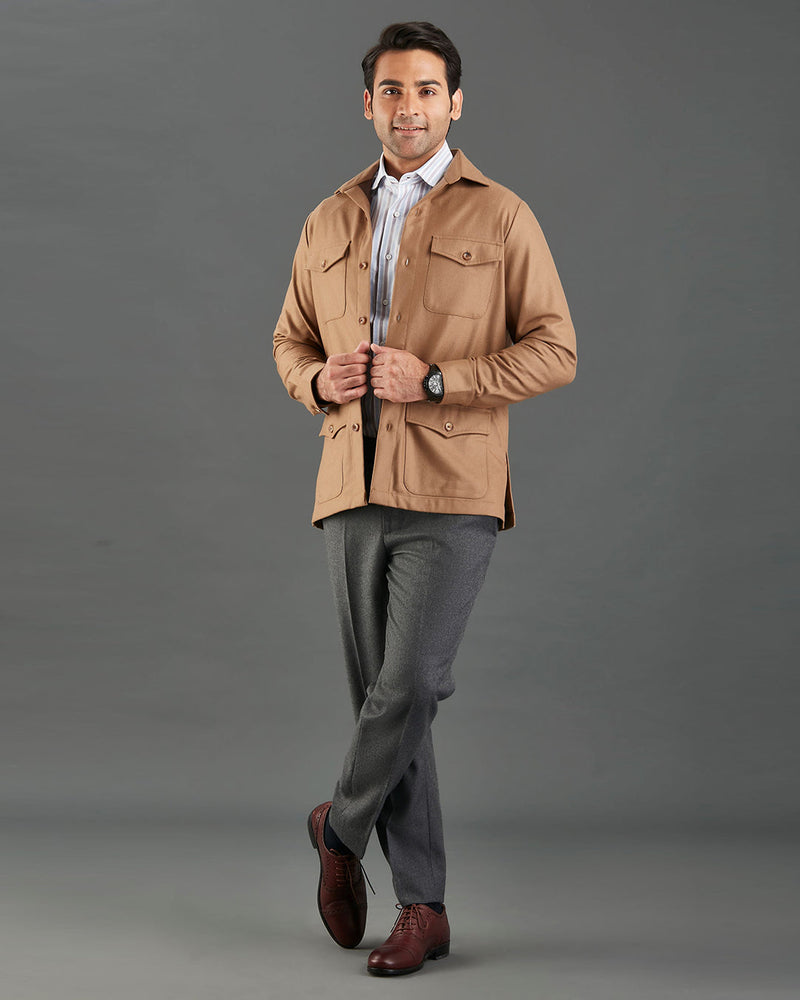 VBC: Sand Woolen Flannel Shirt Jacket