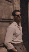 Heidecremefarbenes Polo-T-Shirt aus Leinen-Baumwolle